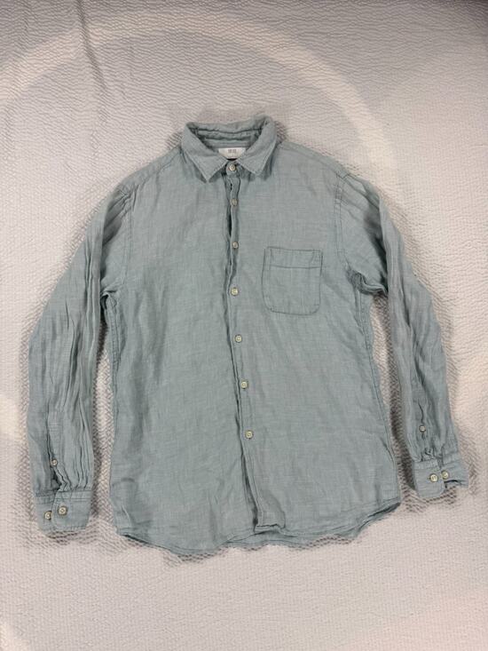 Uniqlo Tops - UNIQLO Shirt Womens Large Blue Linen Button Up Long Sleeve Casual Beach